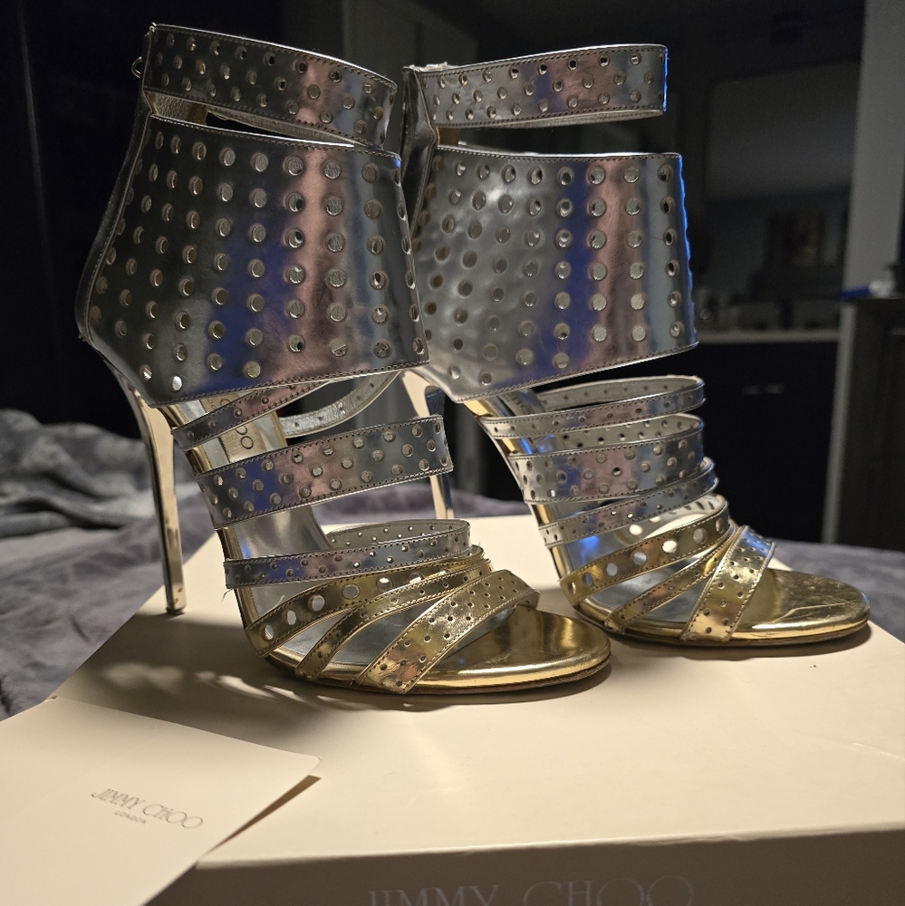 JIMMY CHOO Silver & Gold Metallic Ankle Caged Stilettos